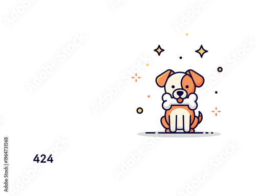 Tiny dog with treat adorable little dog clutching a bone with tiny decorative sparkles and playful accents around for a whimsical scene. Minimalist flat vector