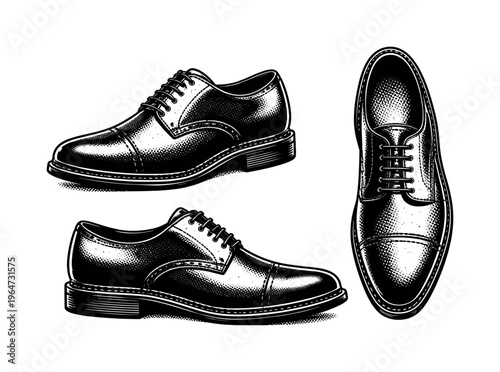 Shoes ? realistic classic leather dress shoe with defined sole and lacing. Black and white dot style with halftone texture and high contrast. Halftone texture