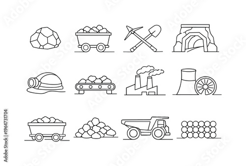 Coal Industry Elements. Minimalistic set one-line drawing coal lump, coal mine cart with rocks, pickaxe and shovel crossed, underground mine tunnel entrance,
