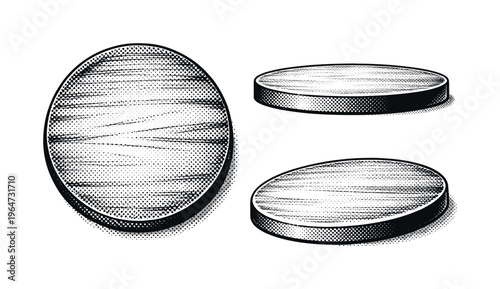 Round cutting board A round wooden cutting board shown as a single object, presented in top, side, and three-quarter views highlighting circular shape and