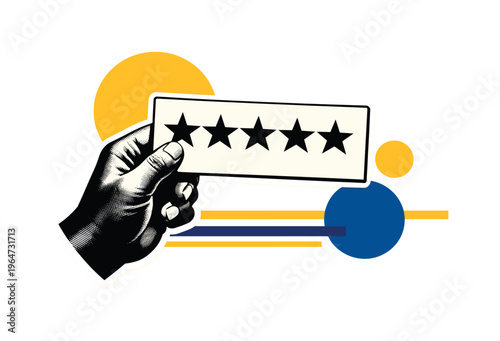 A black and white hand holding a rating card with bold star symbols, white cut-out outline around the main object, abstract geometric circles and clean