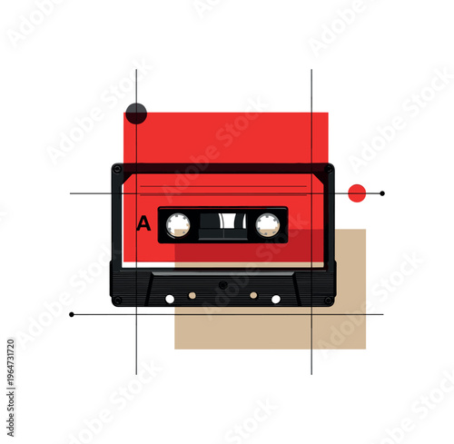 old cassette player tape with bold geometric overlay, black and white tape combined with large color blocks in red and beige, thin grid lines and circular