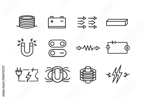 Electromagnet. Line icon set of Electromagnet: wire coil, battery power, electric current arrows, iron core, energized magnet, switch on off, current flow,