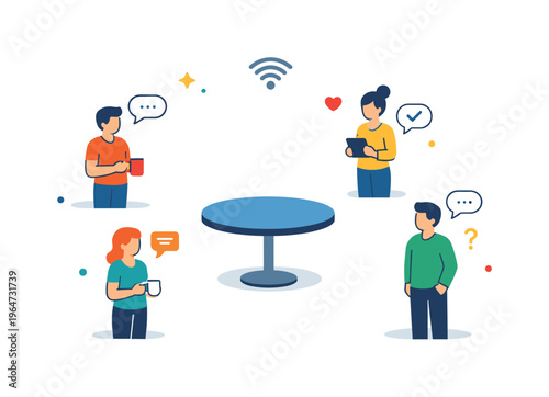 Digital watercooler awkwardness team dynamic concept shown as avatars standing apart around a virtual table, conveying distance, politeness and lack of natural