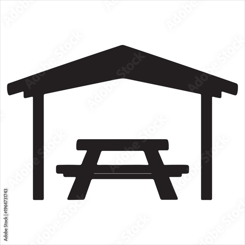 A black and white image of a picnic shelter