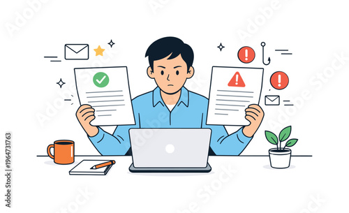 Phishing attack awareness. An employee comparing two emails side by side, one highlighted as suspicious with small alert symbols. Focused decision-making,