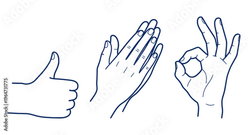 Dynamic collection of universally recognized hand gestures thumbs up, applause, and the OK symbol, ideal for conveying approval and positive communication