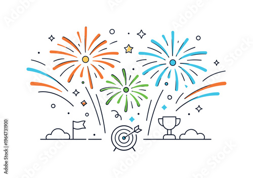 Winning celebration. A simple scene showing fireworks expanding outward in the sky, visual metaphor for success and positive results, abstract motion lines