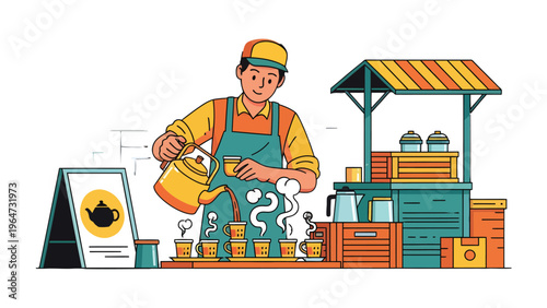 Tea Stall Serenity: A cheerful vendor pours steaming tea from a kettle into a row of cups, creating an inviting aroma that permeates the tranquil scene. It's a moment of calm.