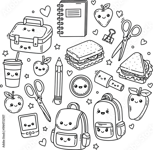 Coloring page for kids back to school supplies and food fun