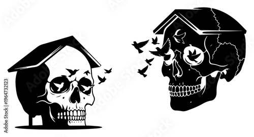 Human skulls with house roofs and birds flying from eye sockets in symbolic engraving style