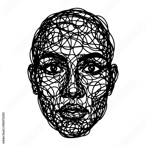 Human face portrait created with chaotic tangled scribble lines in minimalist black and white style