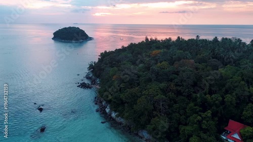 Sunset at Promthep Cape beach jungle mountains Phuket Thailand Asia