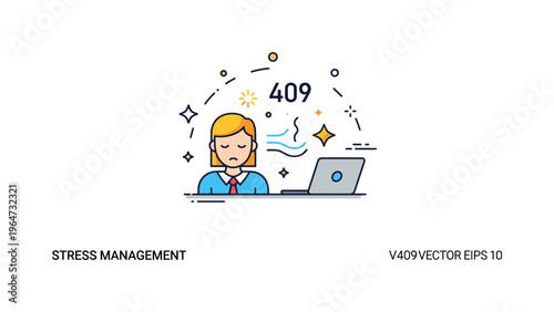 Stress management at work concept with a calm figure, breathing lines, and soft spark elements expressing relaxation, focus, and emotional stability.