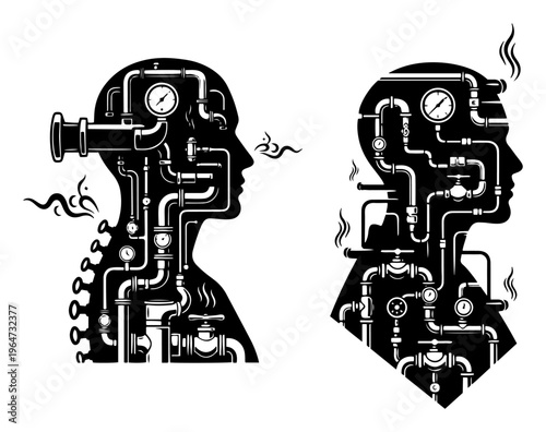 Human head profile filled with industrial plumbing pipes and pressure gauges in conceptual surreal style