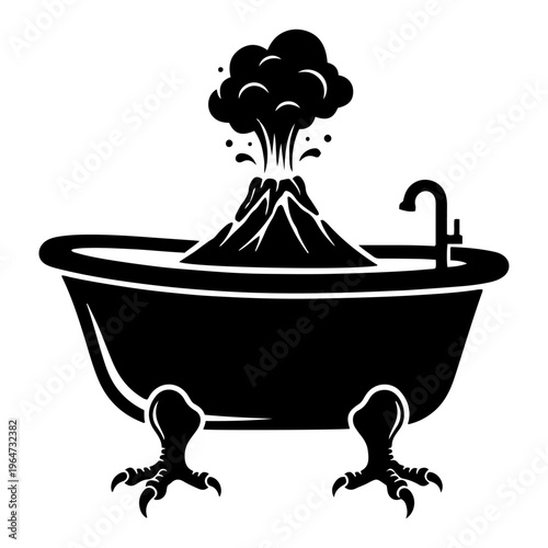 Erupting volcano with smoke inside vintage clawfoot bathtub in surreal black and white style