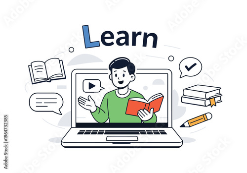 Online teacher scene. A stylized teacher figure displayed on a laptop screen, simple chat bubbles and book