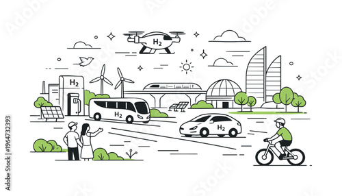Clean future transportation vision. A futuristic landscape with hydrogen vehicles moving quietly through green spaces and modern architecture. The mood is