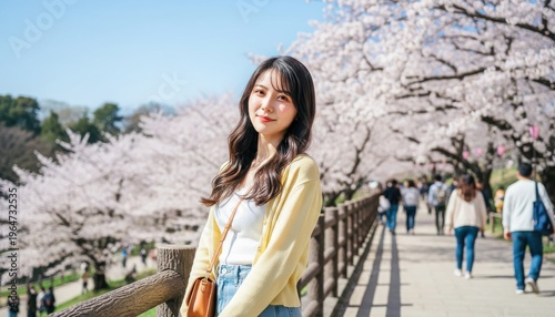 桜の花が咲き誇る公園の道を歩いて振り返る若い女性