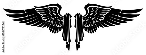 Angel wings with draped fabric in symmetrical engraving tattoo style