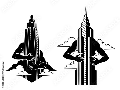 Skyscraper embraced by muscular arms among clouds in surreal urban style