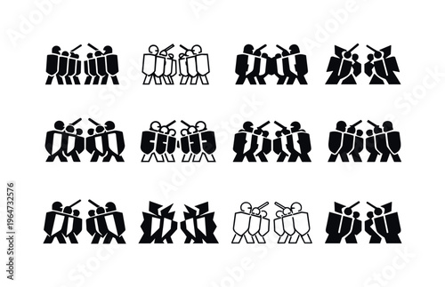 protest movement. Icon set. Set Logo of protest movement: shield wall confrontation. harmonious logo variations of the same emblematic concept, each with