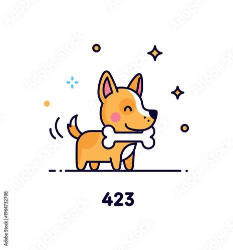 Little cheerful dog cute tiny dog holding a bone with wagging tail and tiny sparkles decorating the playful whimsical scene. Minimalist flat vector