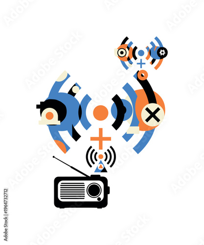 radio broadcast waves with geometric circles semicircles and symbolic shapes, black and white retro radio emitting expanding wave symbols with layered collage