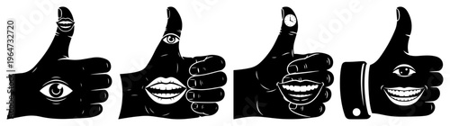 Thumbs up hand gesture icons with surreal eyes and smiling mouths in dark conceptual style