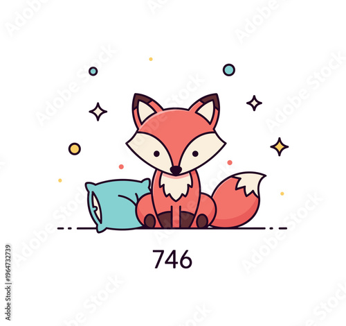 Mini fox pillow cuddle charming tiny fox sitting with a pillow and subtle sparkles creating a warm playful whimsical illustration. Minimalist flat vector