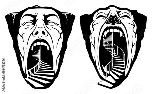 Screaming human faces with spiral staircases inside mouths in surreal psychological style