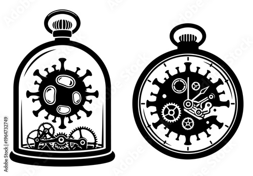 Pocket watch and bell jar containing virus molecules with mechanical gears in conceptual scientific style