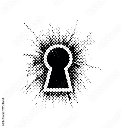 A symbolic keyhole surrounded by abstract grunge scratches and worn textures, presented centrally with minimal composition, black and white halftone