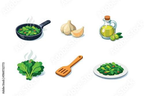 Sauteed Greens. Isometric flat vector icons set of Sauteed Greens: pan with sauteed greens, garlic cloves, olive oil bottle, steaming leafy greens, wooden