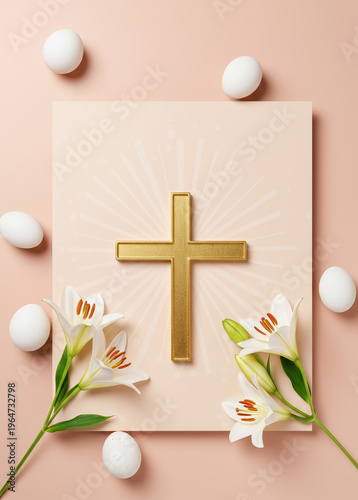 Golden cross with white lilies and eggs arranged on pink background for Easter resurrection concept and spiritual celebration
