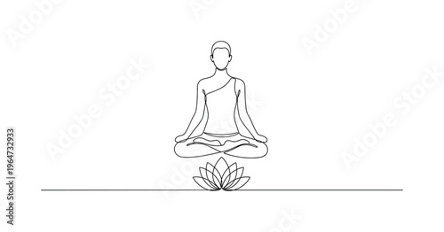 Yoga and Meditation with Lotus. Minimalistic one-line drawing person sitting in lotus pose with simple lotus flower beneath, continuous single black line on
