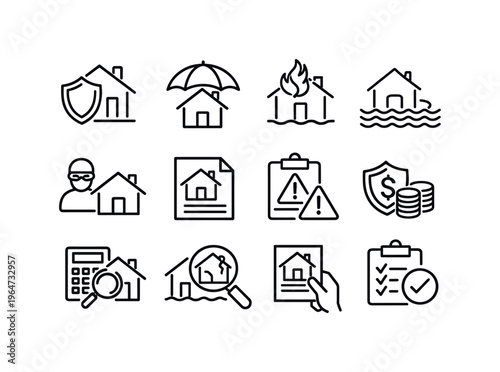 Property Insurance Policies. Line icon set of Property Insurance Policies: insured house, property protection, fire damage, flood damage, theft protection,