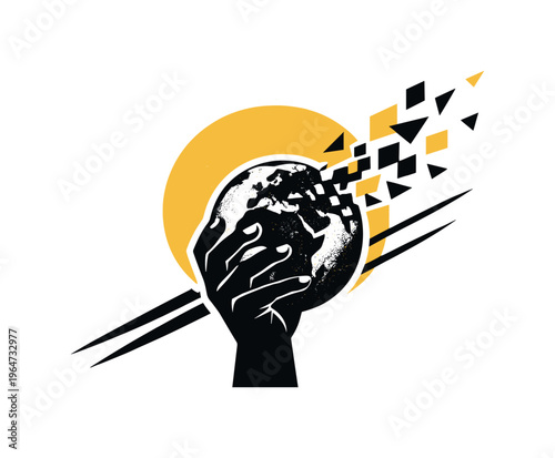 Black and white silhouette hand emerging from bottom frame gripping a textured globe, large muted yellow sun disk behind merging with the sphere, fragmented