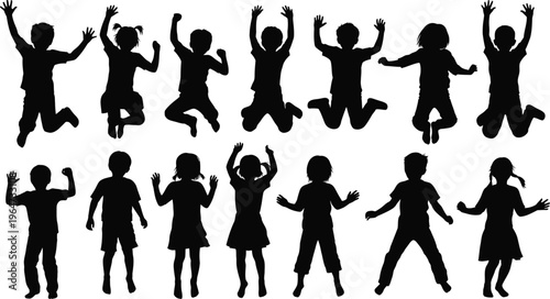 Jumping kids silhouette. Children jumping for joy. Silhouettes of children, both boys and girls, in various jumping poses. 
