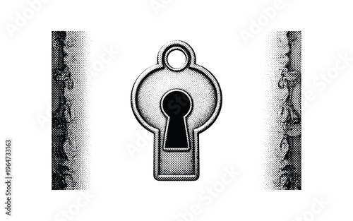 An old fashioned keyhole with a richly detailed decorative frame, centered as a solitary object, black and white halftone illustration, high contrast dot