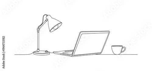 Freelancer Working Late Night. Minimalistic one-line drawing laptop with small desk lamp and coffee cup, continuous single black line on white background,