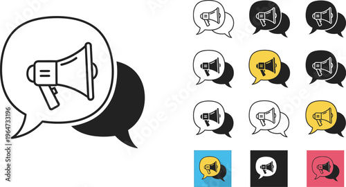 Megaphone icons with speech bubbles. Megaphones for advertising and announcements