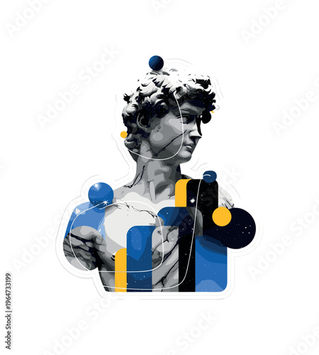 marble statue cosmic texture with abstract cylinders circles and graphic blocks, black and white marble statue surface filled with star clusters and cosmic