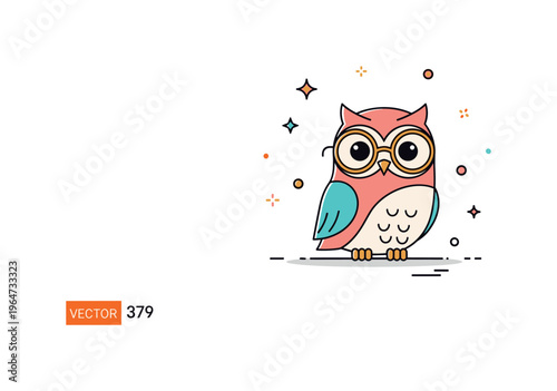Playful little owl with spectacles cute tiny owl wearing round glasses perched upright with subtle sparkles and tiny decorative accents around for a whimsical