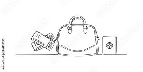 Holiday Trip Preparation. Minimalistic one-line drawing travel bag with tickets and small passport outline beside, continuous single black line on white