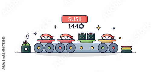 Little sushi belt scene cute tiny conveyor belt with colorful sushi plates, a few smiling pieces, and tiny decorative sparkles enhancing the whimsical scene.