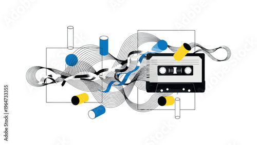 retro cassette tape unraveling into abstract shapes, black and white tape morphing into flowing lines and wave-like curves, geometric elements like cylinders