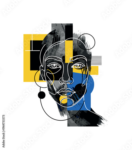 ink portrait macro brush texture with abstract geometric blocks circles and lines, black and white textured ink brush strokes suggesting facial structure with