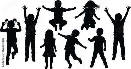 Jumping kids silhouette. Children jumping for joy. Silhouettes of children, both boys and girls, in various jumping poses. 