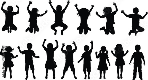 Jumping kids silhouette. Children jumping for joy. Silhouettes of children, both boys and girls, in various jumping poses. 